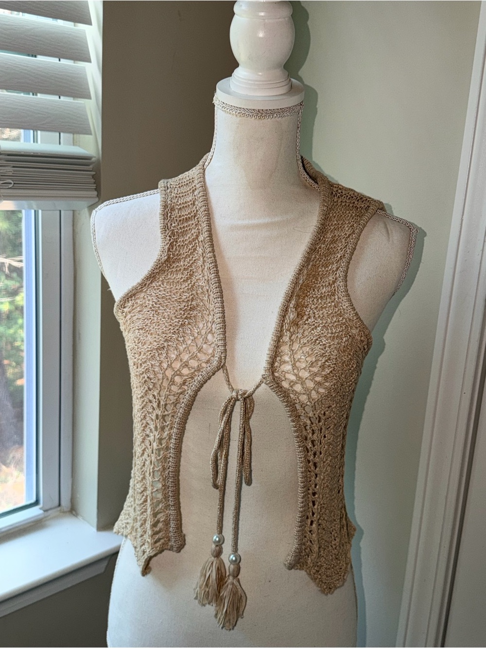 Beige Crochet Tie-Front Boho Hippy Vest